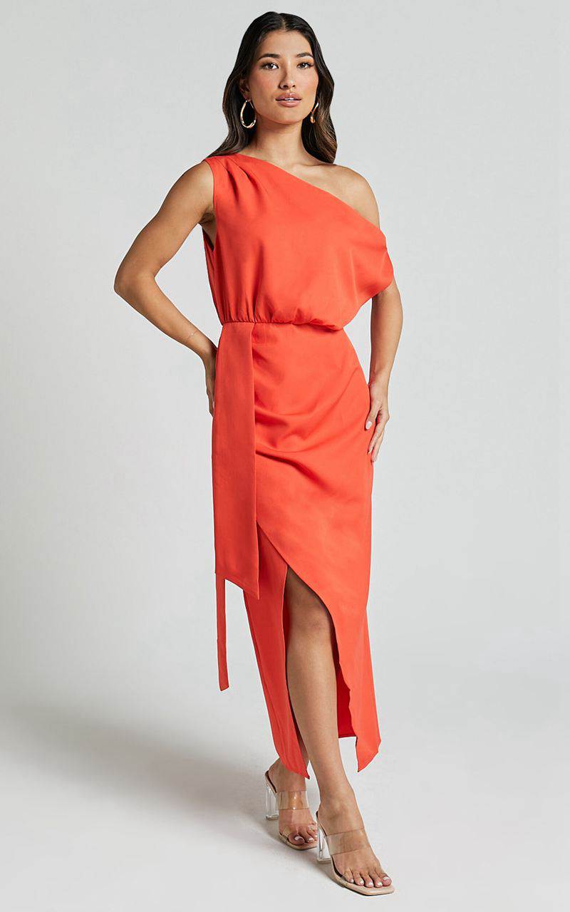 Showpo Zuri Midi Dress - One Shoulder Wrap Dress Orange | FYDKIE016