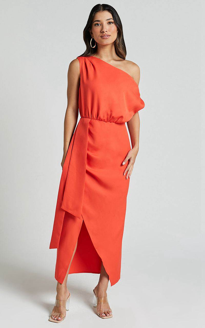 Showpo Zuri Midi Dress - One Shoulder Wrap Dress Orange | FYDKIE016