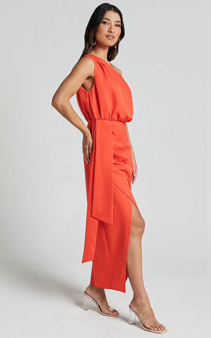 Showpo Zuri Midi Dress - One Shoulder Wrap Dress Orange | FYDKIE016