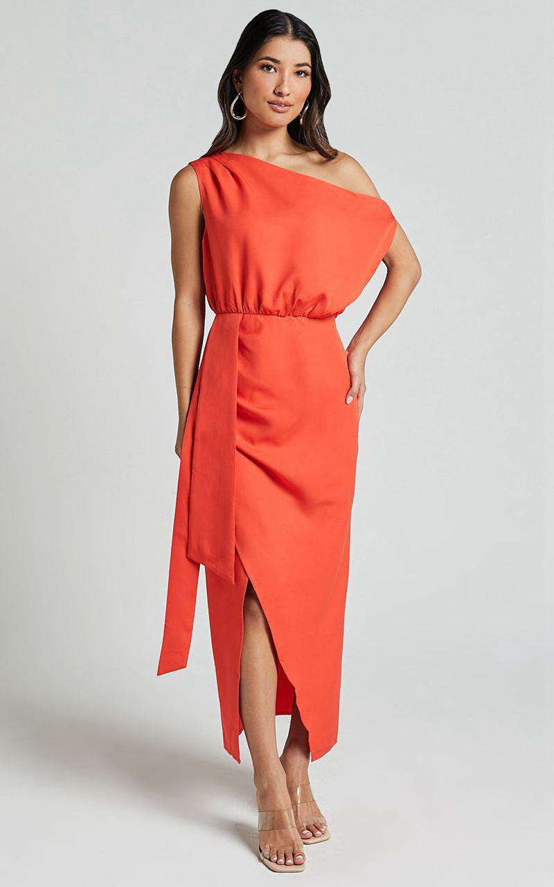 Showpo Zuri Midi Dress - One Shoulder Wrap Dress Orange | FYDKIE016