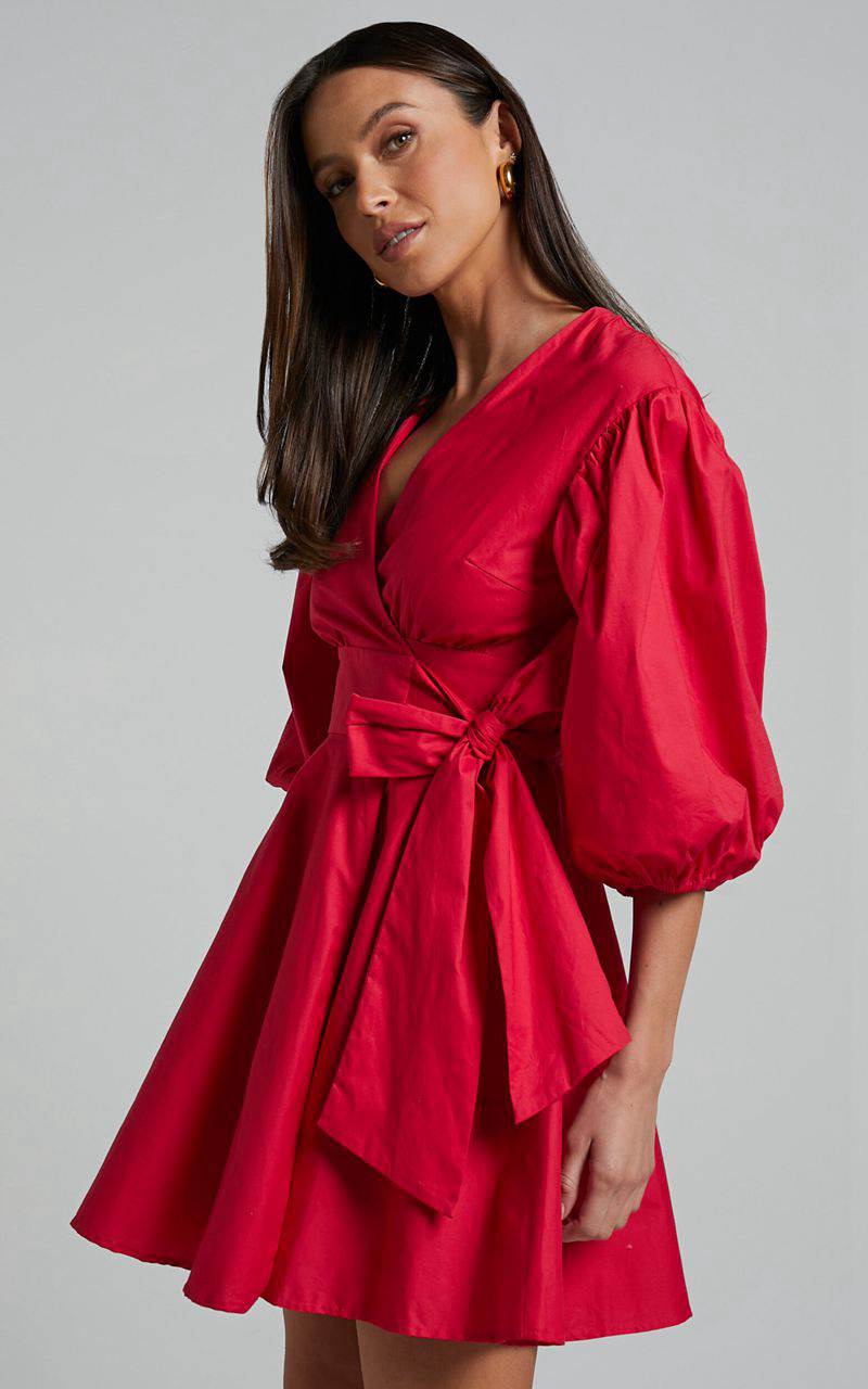 Showpo Zyla Mini Dress - Puff Sleeve Wrap Dress Red | IEAWQM327