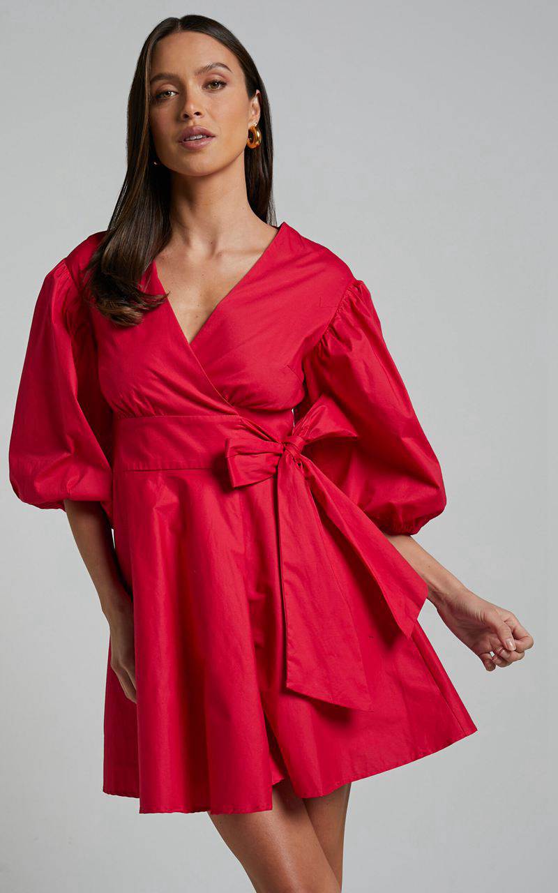 Showpo Zyla Mini Dress - Puff Sleeve Wrap Dress Red | IEAWQM327