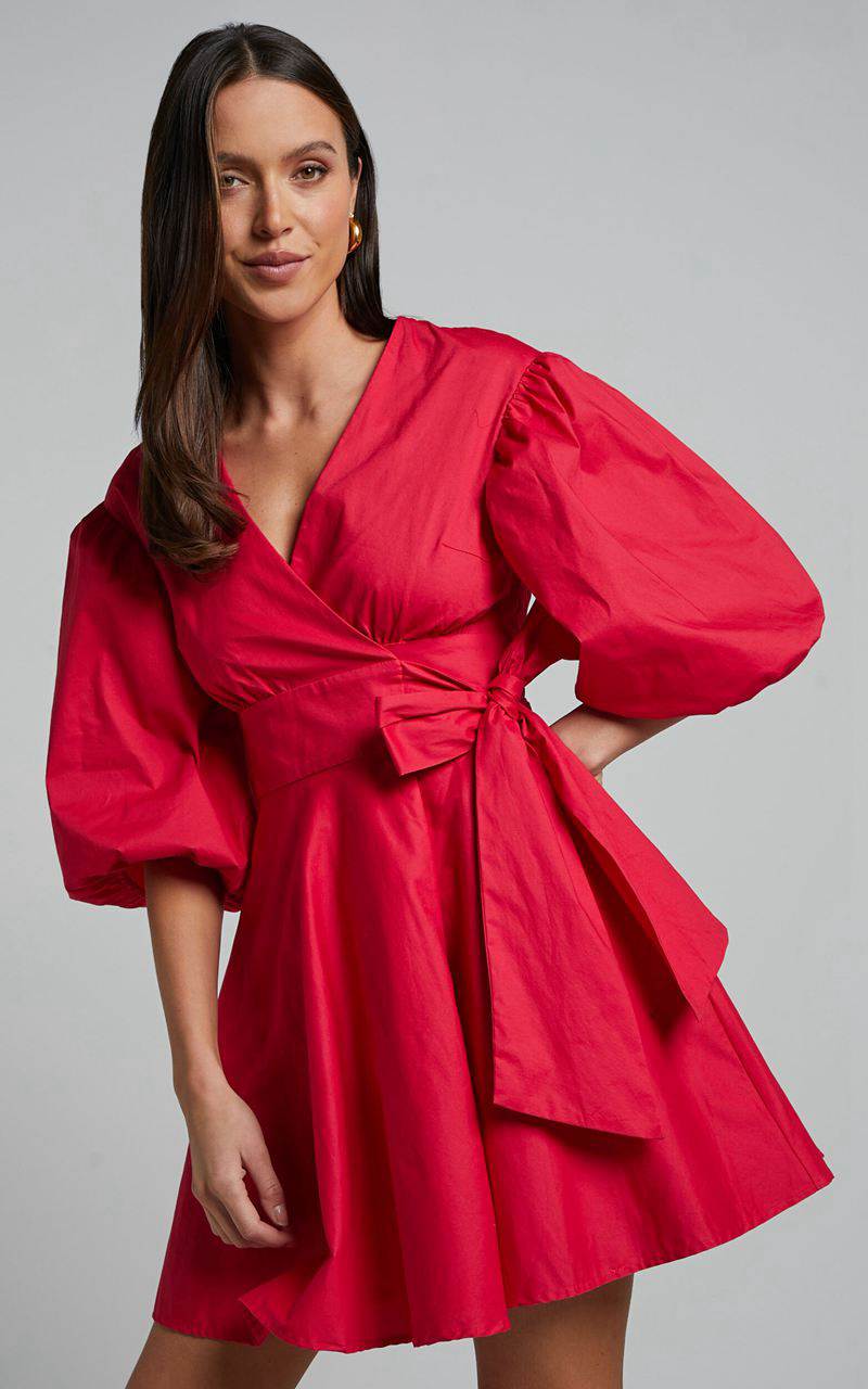 Showpo Zyla Mini Dress - Puff Sleeve Wrap Dress Red | IEAWQM327