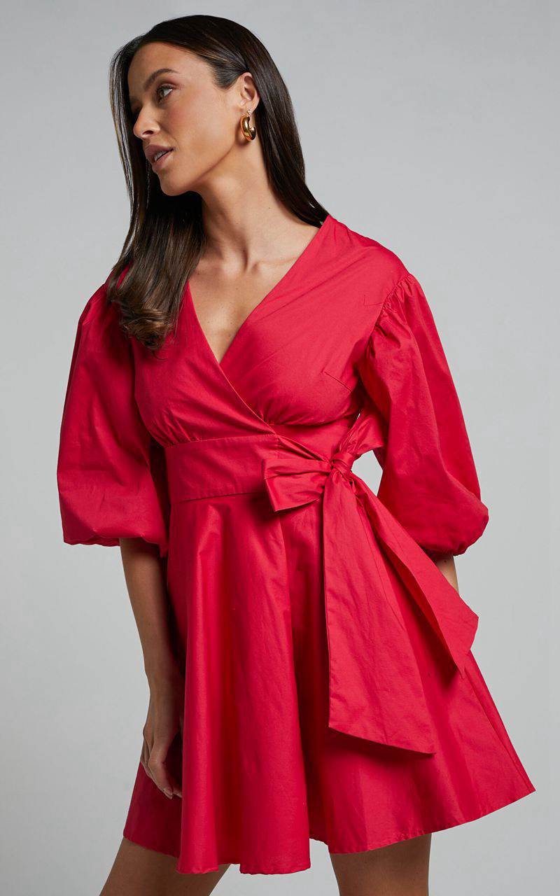 Showpo Zyla Mini Dress - Puff Sleeve Wrap Dress Red | IEAWQM327