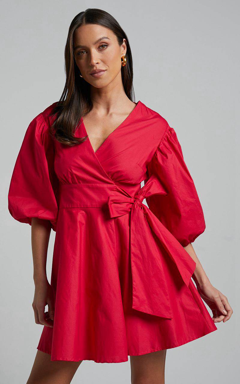 Showpo Zyla Mini Dress - Puff Sleeve Wrap Dress Red | IEAWQM327