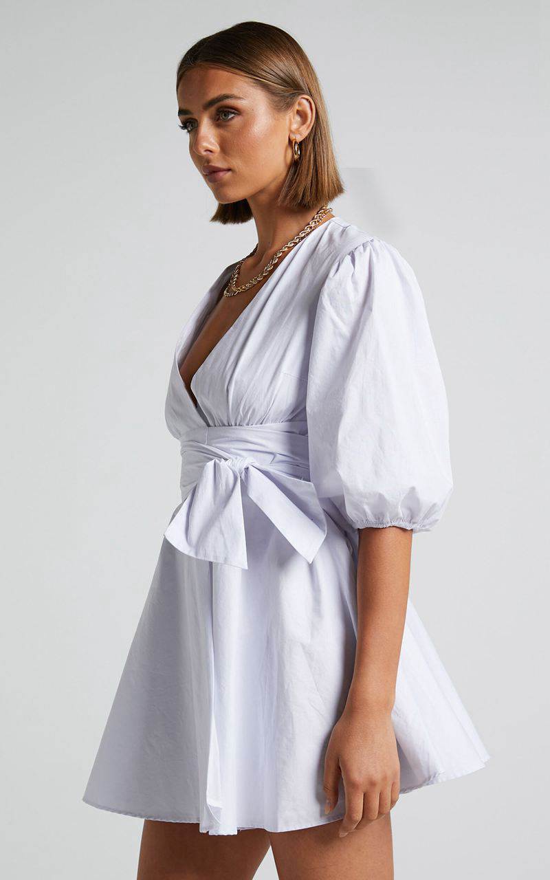 Showpo Zyla Mini Dress - Puff Sleeve Wrap Dress White | ZCHVFK149