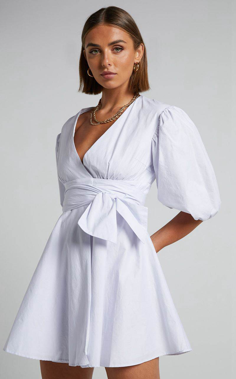 Showpo Zyla Mini Dress - Puff Sleeve Wrap Dress White | ZCHVFK149