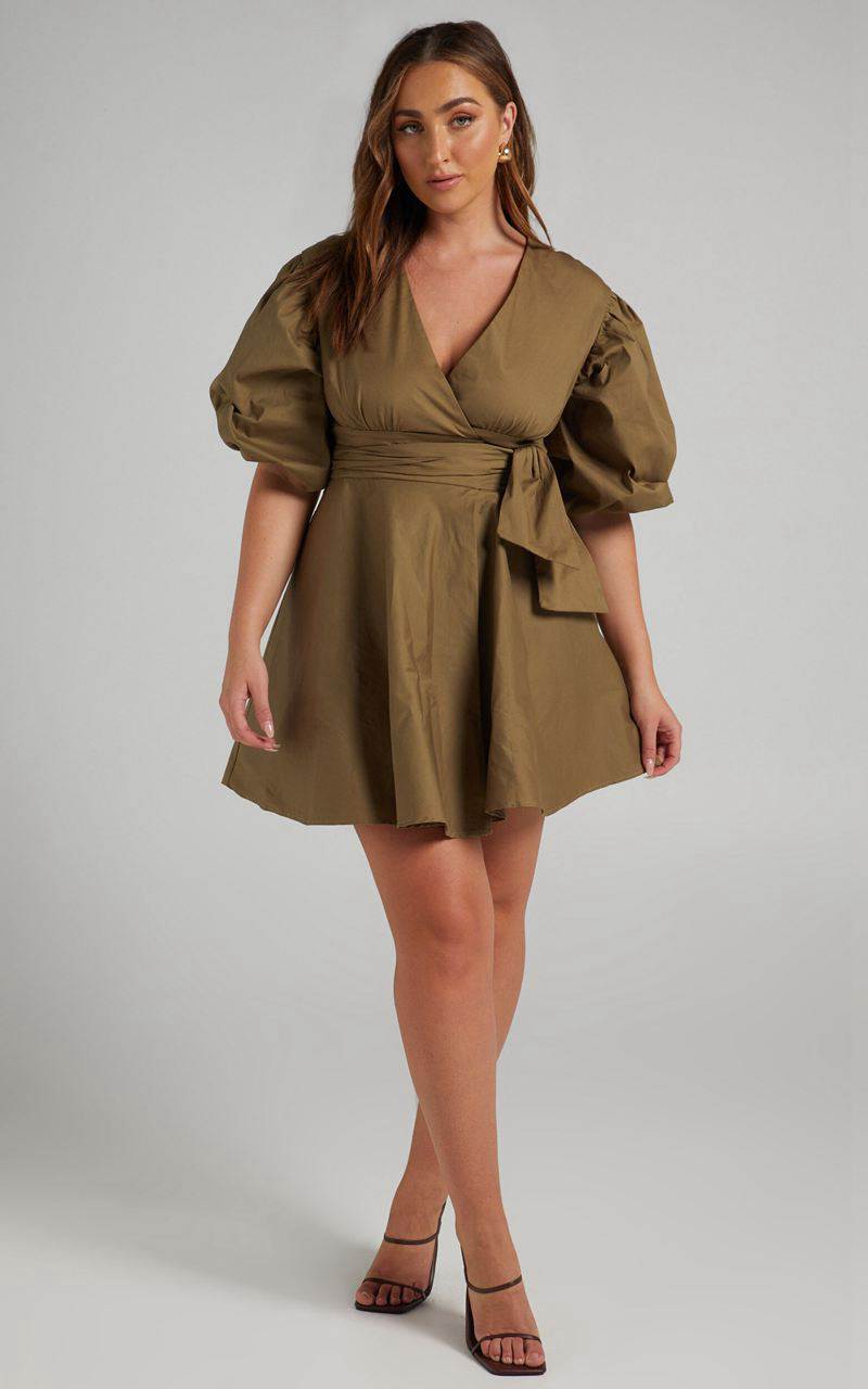 Showpo Zyla Mini Dress - Puff Sleeve Wrap Dress Olive | LKPFDT246