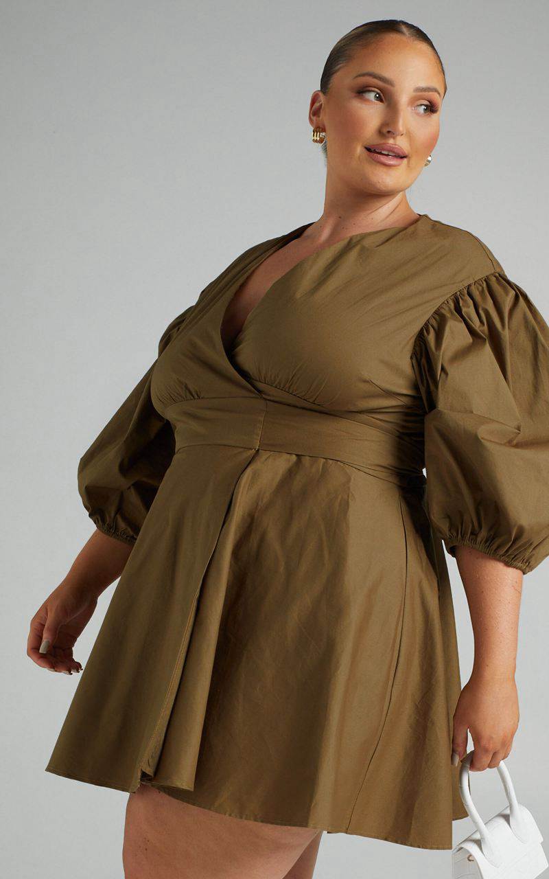 Showpo Zyla Mini Dress - Puff Sleeve Wrap Dress Olive | LKPFDT246