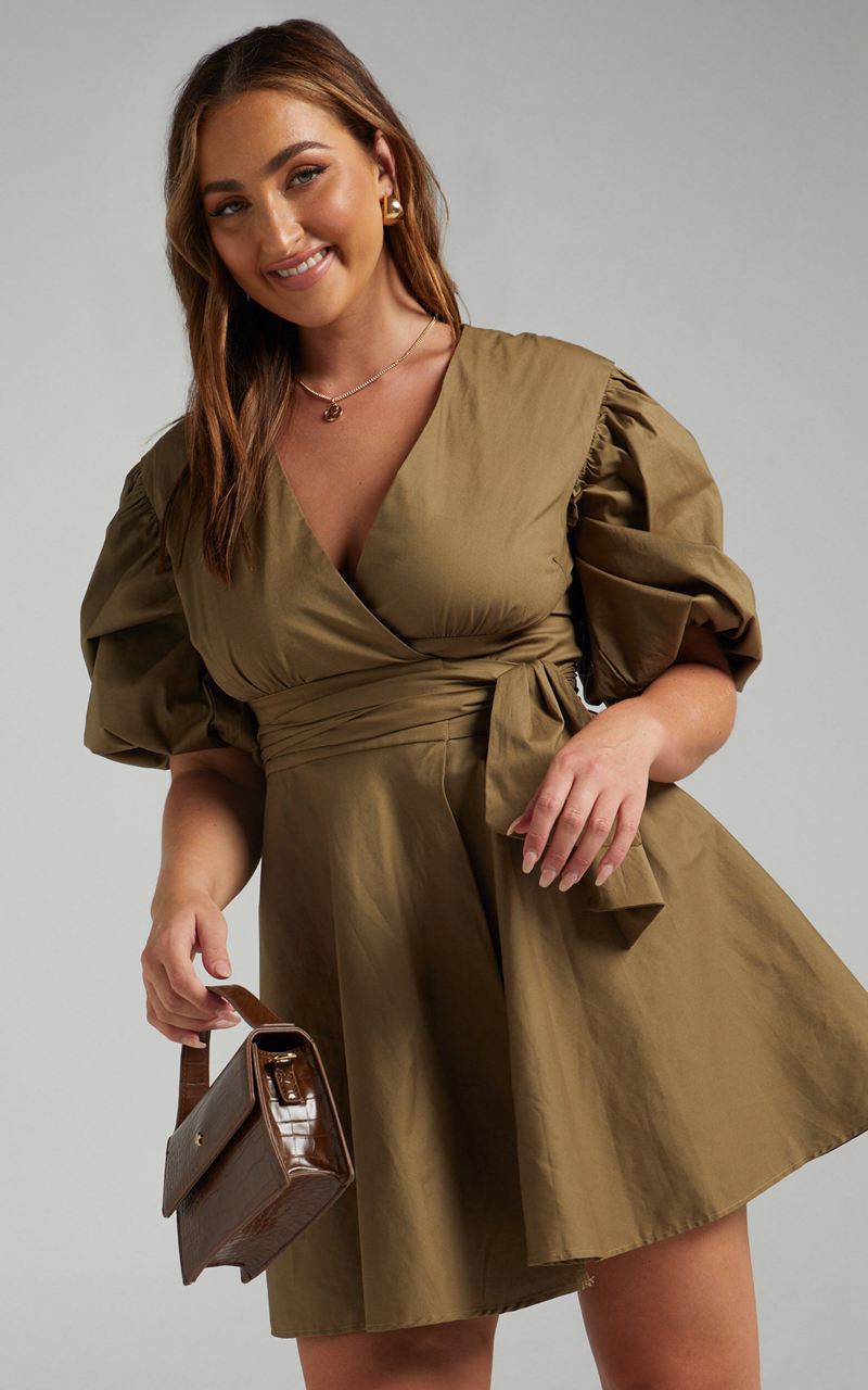 Showpo Zyla Mini Dress - Puff Sleeve Wrap Dress Olive | LKPFDT246