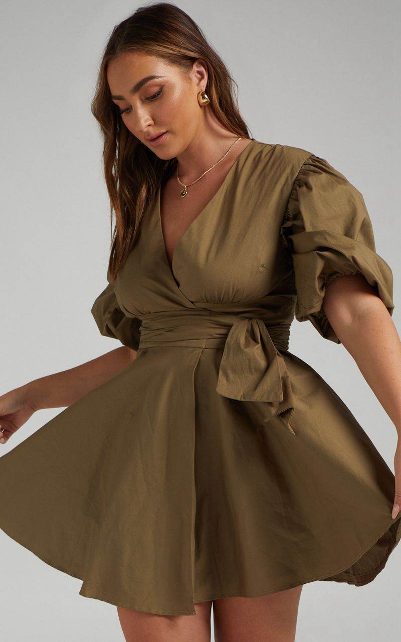 Showpo Zyla Mini Dress - Puff Sleeve Wrap Dress Olive | LKPFDT246