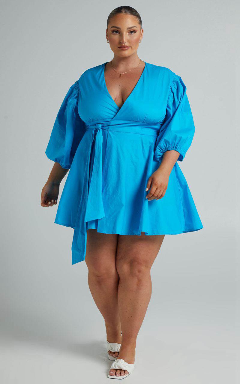 Showpo Zyla Mini Dress - Puff Sleeve Wrap Dress Blue | RQGFTK057