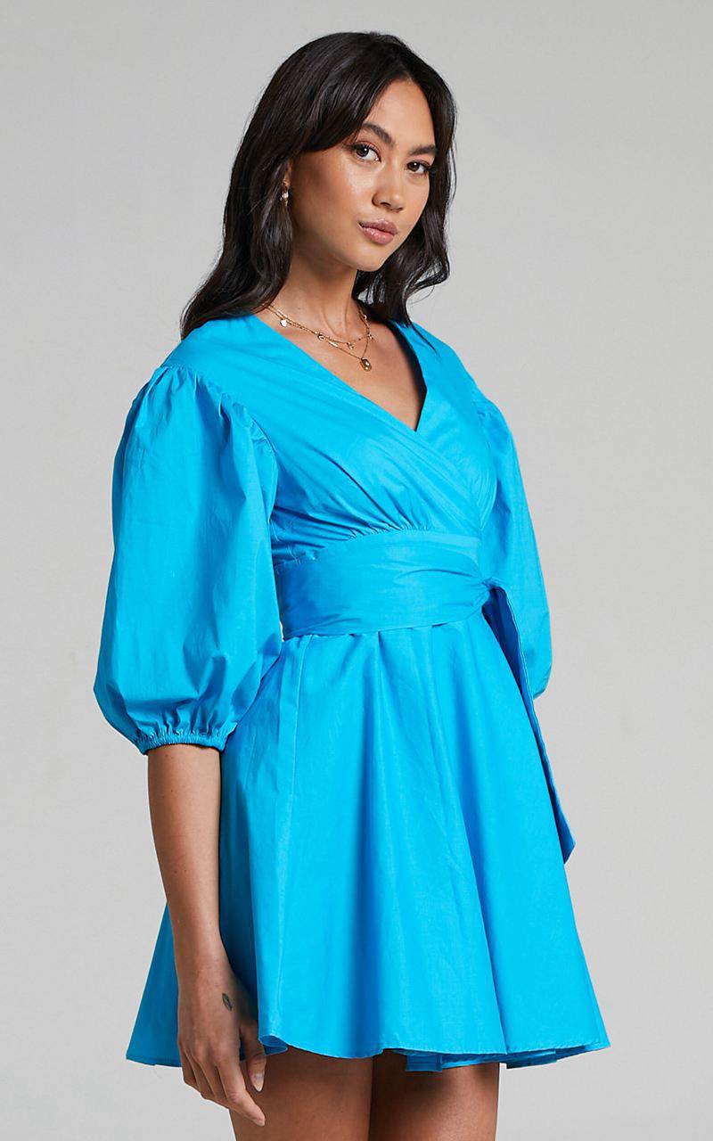 Showpo Zyla Mini Dress - Puff Sleeve Wrap Dress Blue | RQGFTK057