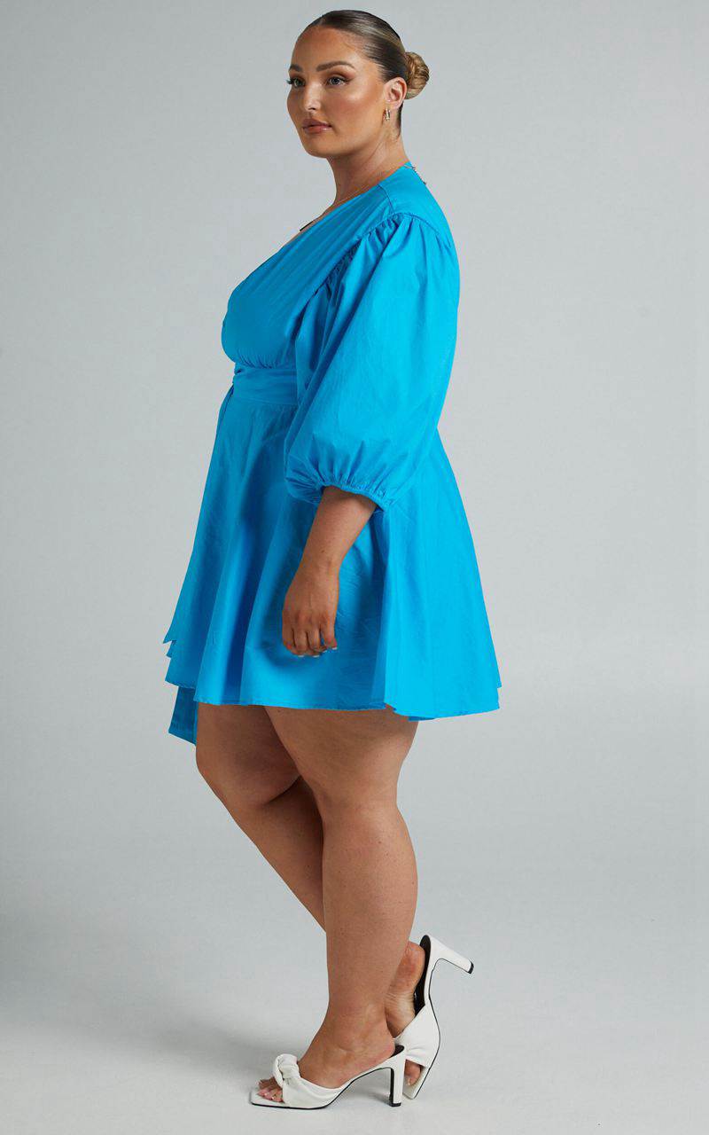 Showpo Zyla Mini Dress - Puff Sleeve Wrap Dress Blue | RQGFTK057