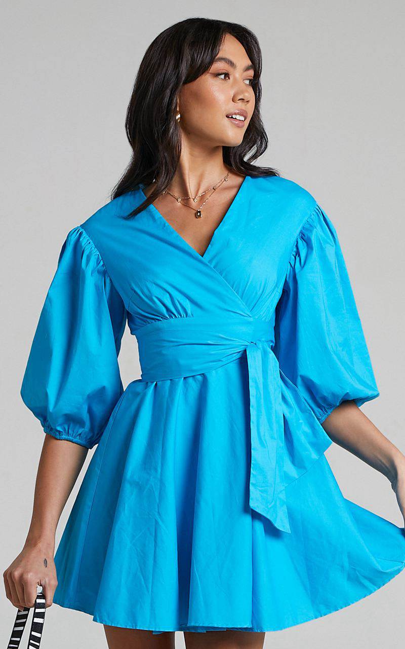 Showpo Zyla Mini Dress - Puff Sleeve Wrap Dress Blue | RQGFTK057