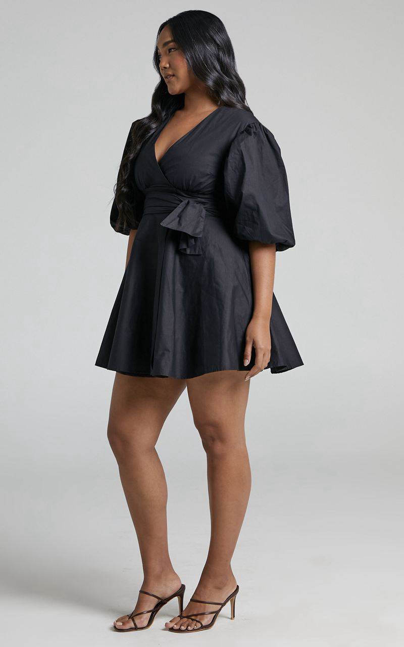 Showpo Zyla Mini Dress - Puff Sleeve Wrap Dress Black | AFPQIV856