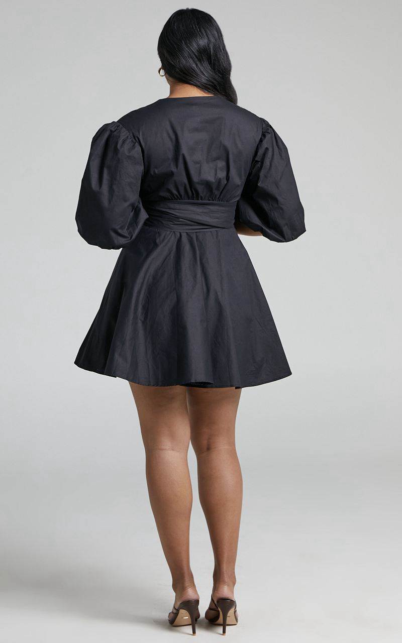 Showpo Zyla Mini Dress - Puff Sleeve Wrap Dress Black | AFPQIV856