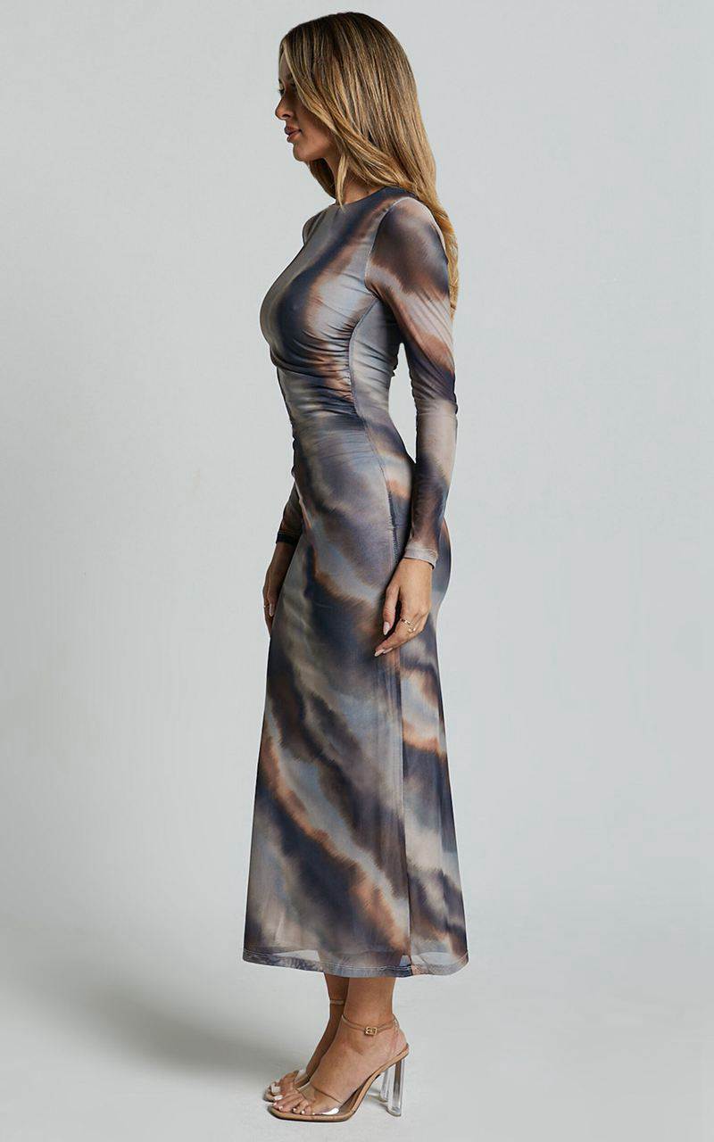 Showpo Zyra Midi Dress - High Neck Long Sleeve Mesh Dress Tie Dye Print | VPWMIT278