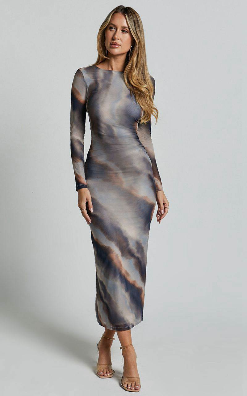 Showpo Zyra Midi Dress - High Neck Long Sleeve Mesh Dress Tie Dye Print | VPWMIT278