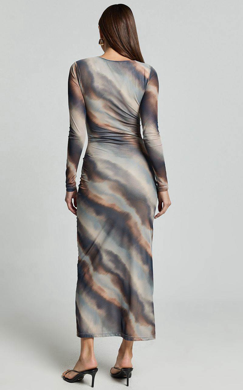 Showpo Zyra Midi Dress - High Neck Long Sleeve Mesh Dress Neutral Stripe | JBWTXM750